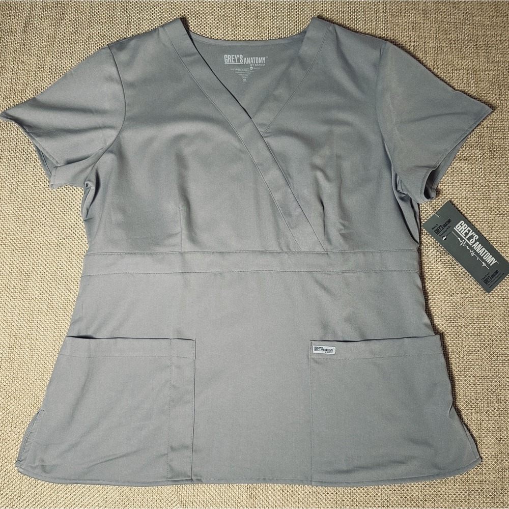 Grey's Anatomy Scrub Top Mock Top Womens XL Storm Gray Pockets Barco 4153 NWT